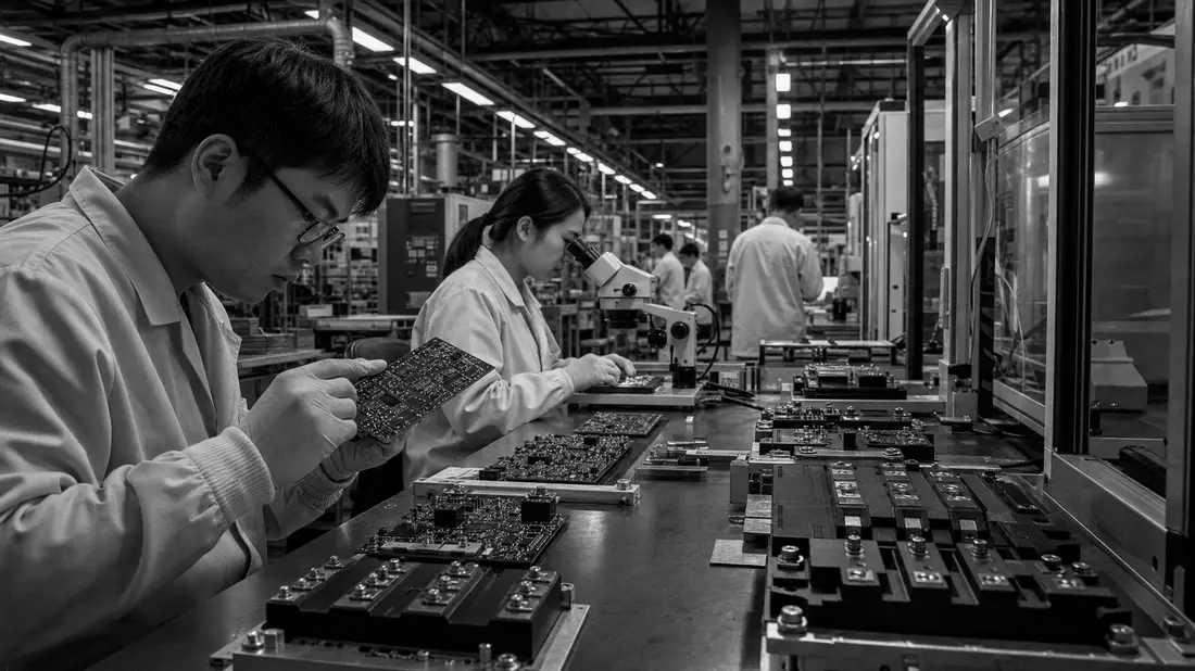 Schwarzweiß-Aufnahme von Ingenieuren bei der Halbleiterfertigung