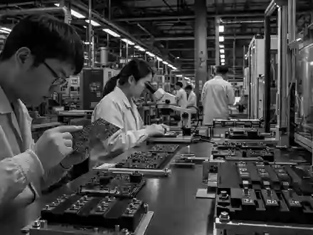 Infineon Technologies AG (DE0006231004) beschäftigt Fachkräfte in der Leistungshalbleiter-Fertigung, dokumentiert in dieser Schwarzweiß-Reportage - Foto: THN