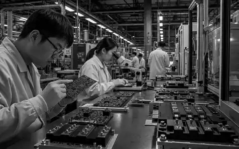 Infineon Technologies AG (DE0006231004) beschäftigt Fachkräfte in der Leistungshalbleiter-Fertigung, dokumentiert in dieser Schwarzweiß-Reportage - Foto: THN