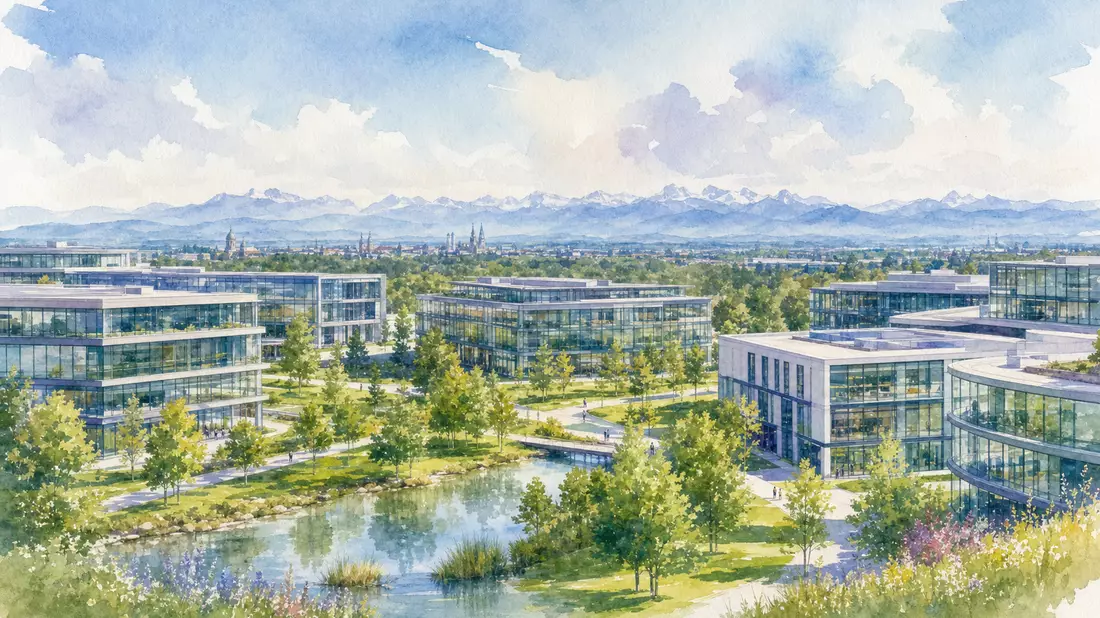 Aquarellmalerei eines modernen Technologiecampus bei München