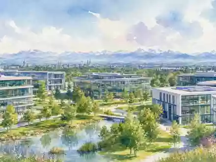 Infineon Technologies AG (DE0006231004) hat ihren Hauptsitz nahe München, als malerische Aquarell-Illustration eines Technologiecampus dargestellt - Foto: THN