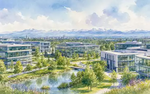 Infineon Technologies AG (DE0006231004) hat ihren Hauptsitz nahe München, als malerische Aquarell-Illustration eines Technologiecampus dargestellt - Foto: THN