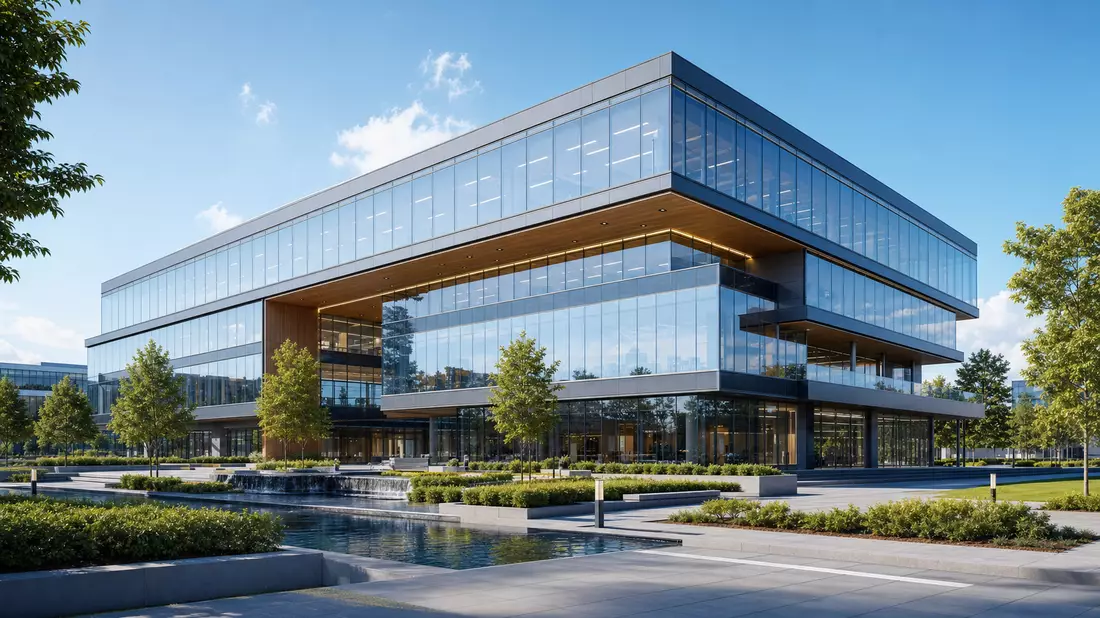 Architektur-Rendering eines modernen Glas- und Stahl-Firmengebäudes