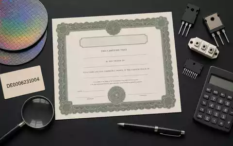 Infineon Technologies AG (DE0006231004) wird hier als Flatlay mit Aktienzertifikat, ISIN-Karte und Leistungshalbleiter-Bauteilen symbolisiert - Foto: THN