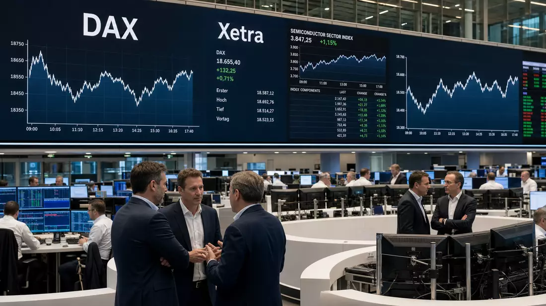 Editorial-Foto eines Börsenhandelssaals mit DAX- und Xetra-Charts