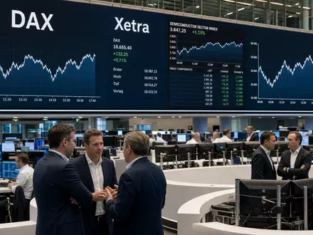 Infineon Technologies AG (DE0006231004) notiert im DAX, gezeigt in diesem Börsen-Editorial mit Handelssaal-Szene - Foto: THN