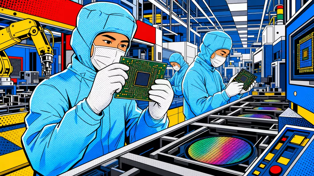 Bunte Pop-Art-Comic-Illustration einer Halbleiterfabrik mit Ingenieuren