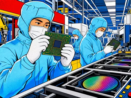 Infineon Technologies AG (DE0006231004) prägt die Chipindustrie, hier künstlerisch als farbenfrohe Pop-Art-Comic-Szene einer Halbleiterfabrik interpretiert - Foto: THN