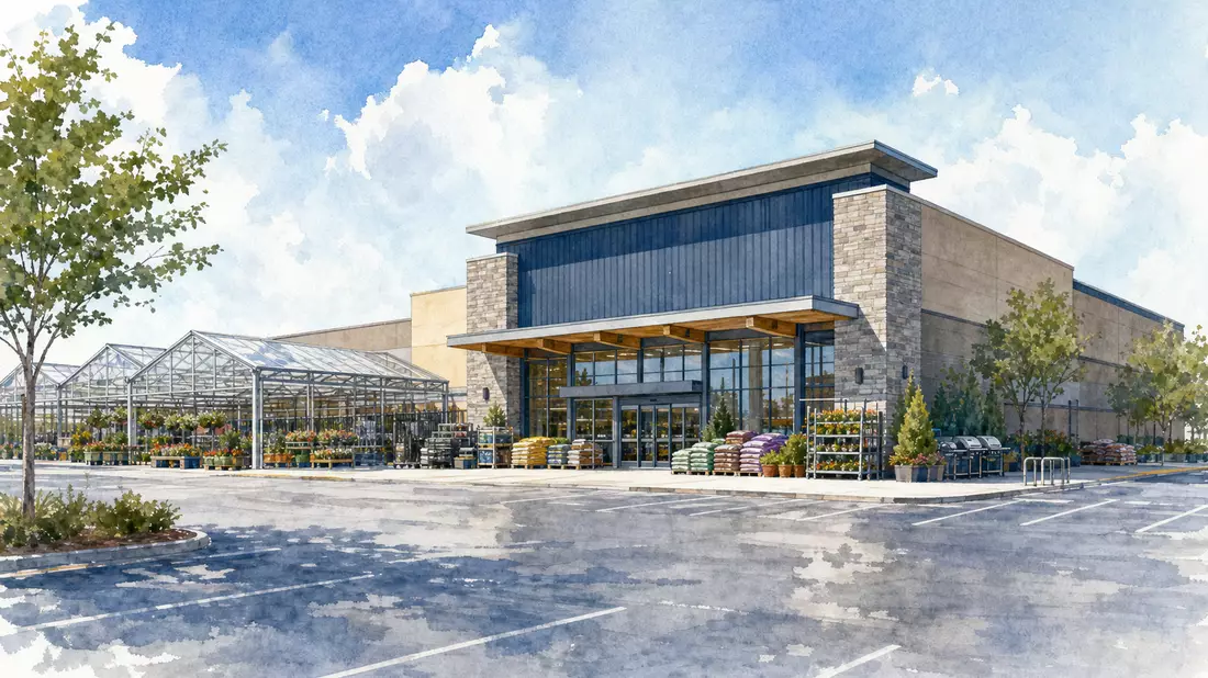 Aquarellbild eines Einzelhandelsgebäudes, Illustration zu The Home Depot Inc. US4370761029