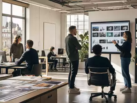 WPP plc (ISIN JE00B8KF9B49) zeigt ein modernes Kreativstudio mit Teams bei Mood-Board-Präsentationen in London - Foto: THN