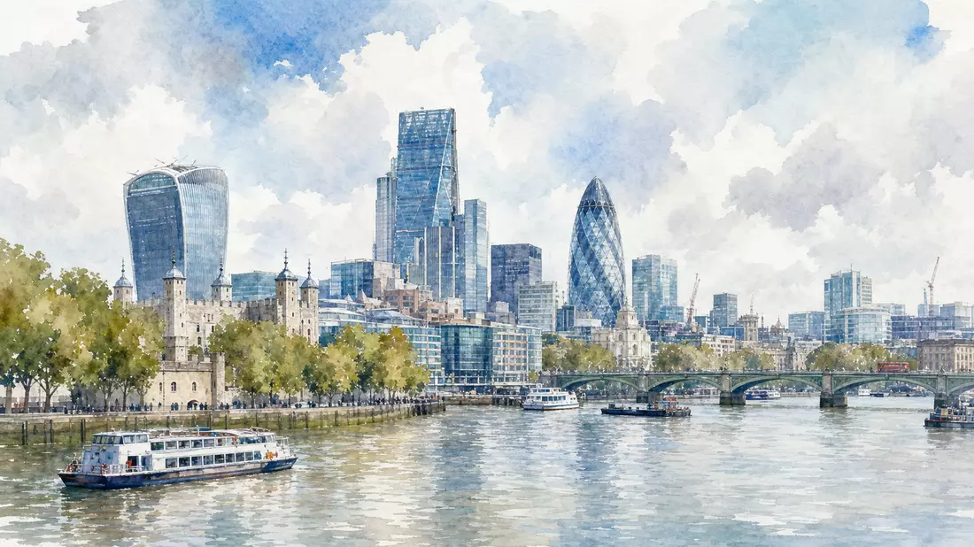 Aquarell der Londoner Skyline an der Themse, Symbol für Medienkonzern