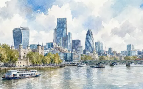 Aquarellansicht der Londoner Skyline symbolisiert den Hauptsitz von WPP plc (ISIN JE00B8KF9B49) an der Themse - Foto: THN