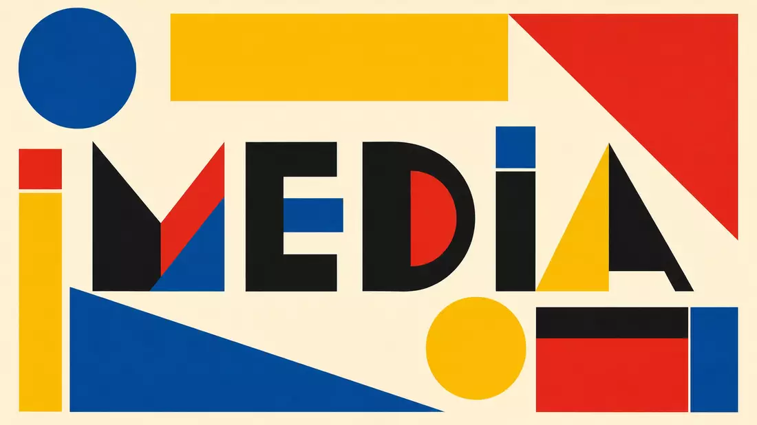 Bauhaus-Poster mit geometrischen Formen und Schriftzug MEDIA in Primärfarben