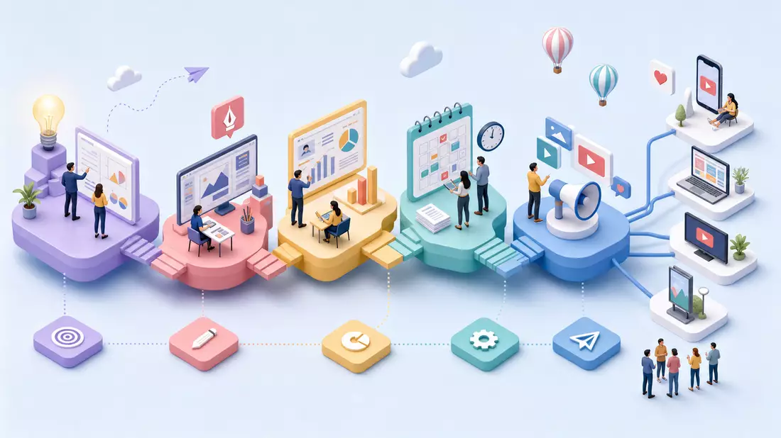 Isometrische 3D-Grafik der Marketing-Wertschöpfungskette von Strategie bis Distribution