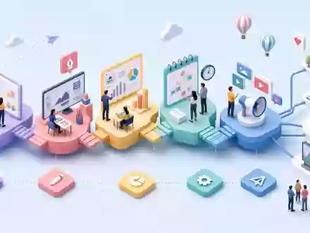 Isometrische 3D-Grafik stellt die Wertschöpfungskette der Marketingdienstleistungen von WPP plc (ISIN JE00B8KF9B49) dar - Foto: THN
