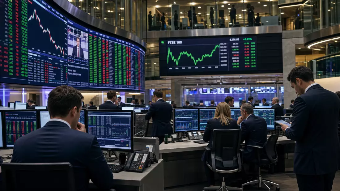 Trading-Floor mit Kurscharts und FTSE-Anzeige, Börsen-Editorial-Szene