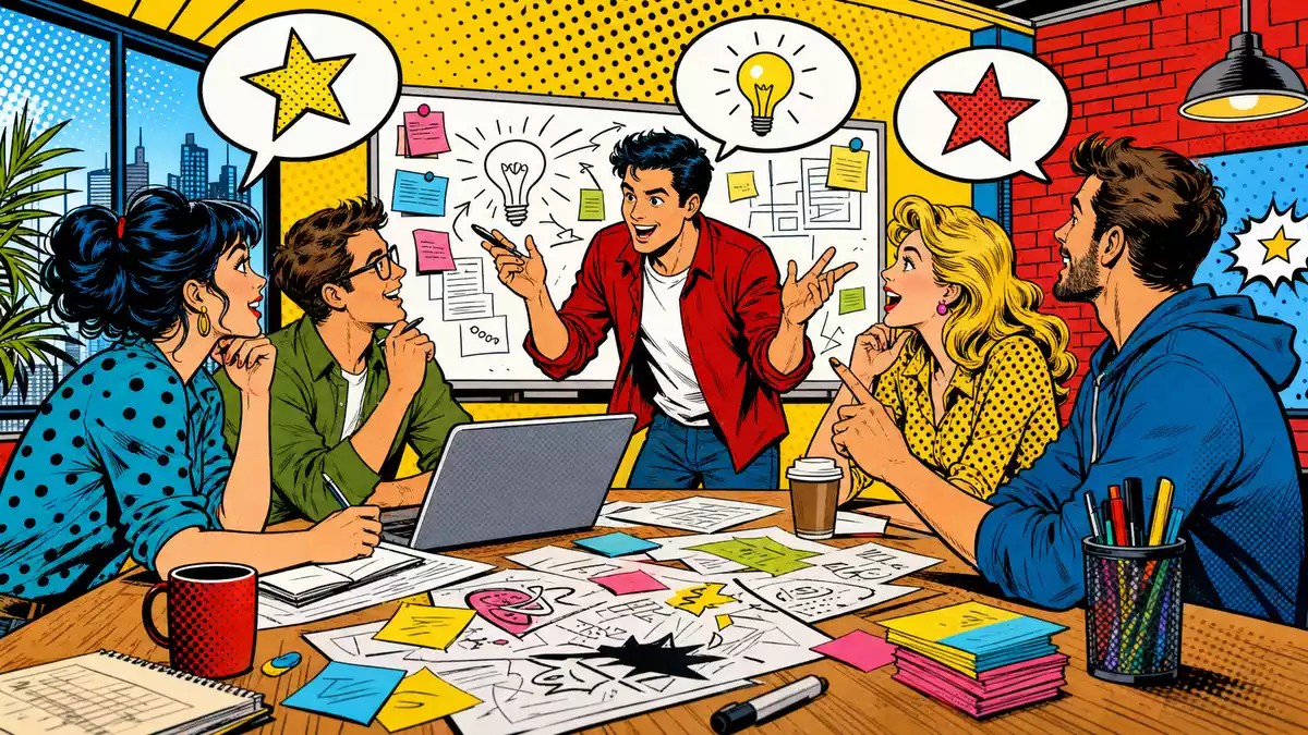 Pop-Art-Comic: buntes Kreativteam brainstormt mit Sprechblasen und Ideen