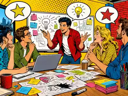 Pop-Art-Comic zeigt ein farbenfrohes Kreativteam beim Brainstorming, inspiriert von WPP plc (ISIN JE00B8KF9B49) - Foto: THN