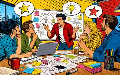Pop-Art-Comic zeigt ein farbenfrohes Kreativteam beim Brainstorming, inspiriert von WPP plc (ISIN JE00B8KF9B49) - Foto: THN