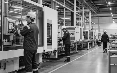 Imperial Brands PLC (GB0004544929): SchwarzweiĂź-Reportage zeigt moderne Produktionshalle mit Arbeitern in Schutzkleidung ohne Produkte - Foto: THN