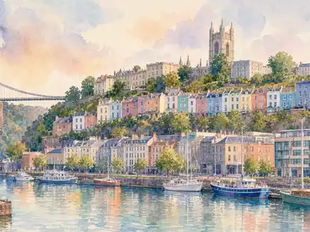 Imperial Brands PLC (GB0004544929) präsentiert Bristol als Aquarell mit Hafen, bunten Häusern und Hängebrücke - Foto: THN