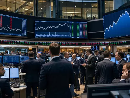 Imperial Brands PLC (GB0004544929): Börsen-Editorial zeigt Trading-Floor in London mit abstrakten Kurscharts und Händlern - Foto: THN