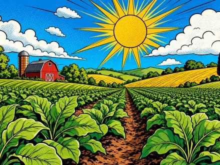 Imperial Brands PLC (GB0004544929): farbenfrohe Pop-Art-Comic-Szene zeigt Ackerfeld mit Bauernhof und strahlender Sonne - Foto: THN