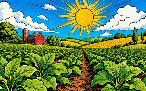 Imperial Brands PLC (GB0004544929): farbenfrohe Pop-Art-Comic-Szene zeigt Ackerfeld mit Bauernhof und strahlender Sonne - Foto: THN