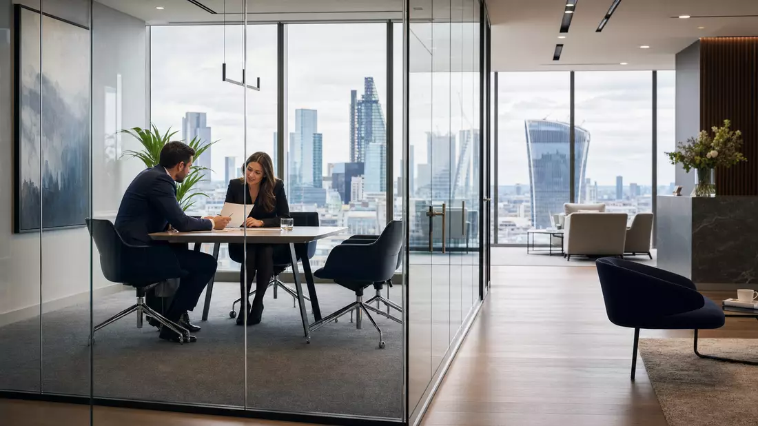 Modernes Glasbüro in London mit Beratungsgespräch und Skyline-Aussicht im Hintergrund