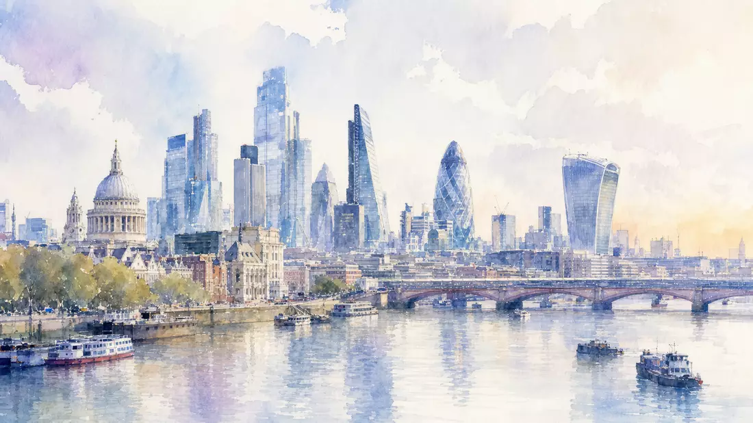 Aquarellbild der Londoner Skyline mit Themse, Brücke und Wolkenkratzern in Pastelltönen