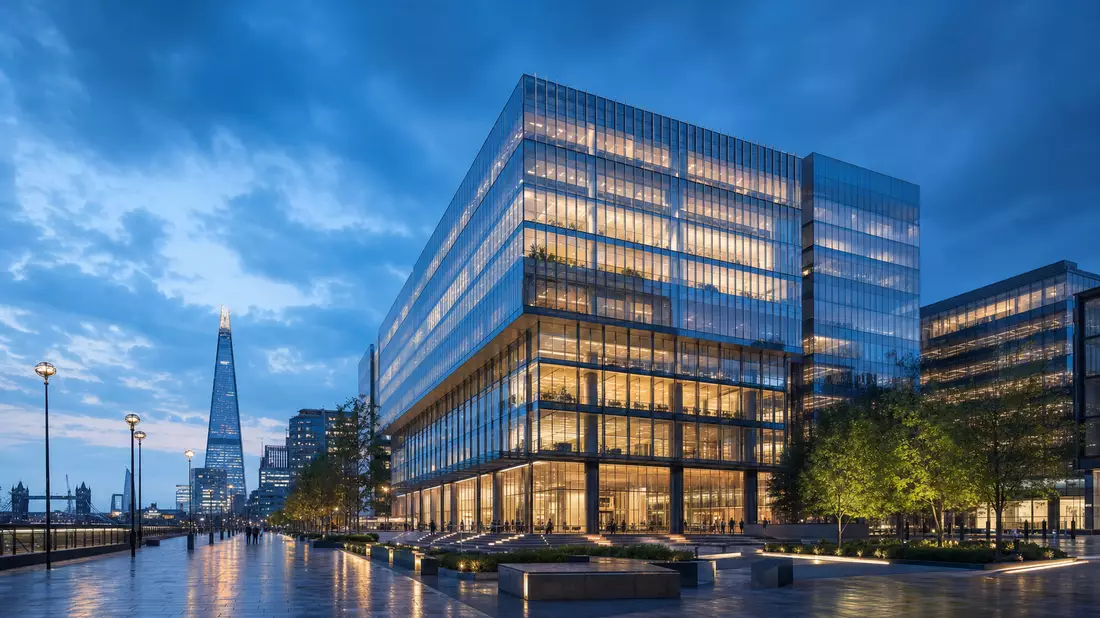 Architektur-Render eines gläsernen Bürohochhauses in London zur blauen Stunde