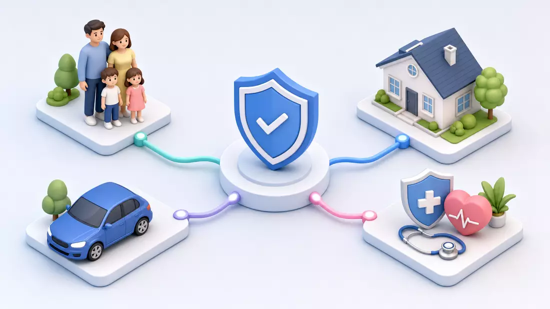 Isometrische 3D-Grafik zeigt Familie, Haus, Auto und Gesundheit verbunden mit Schutzschild
