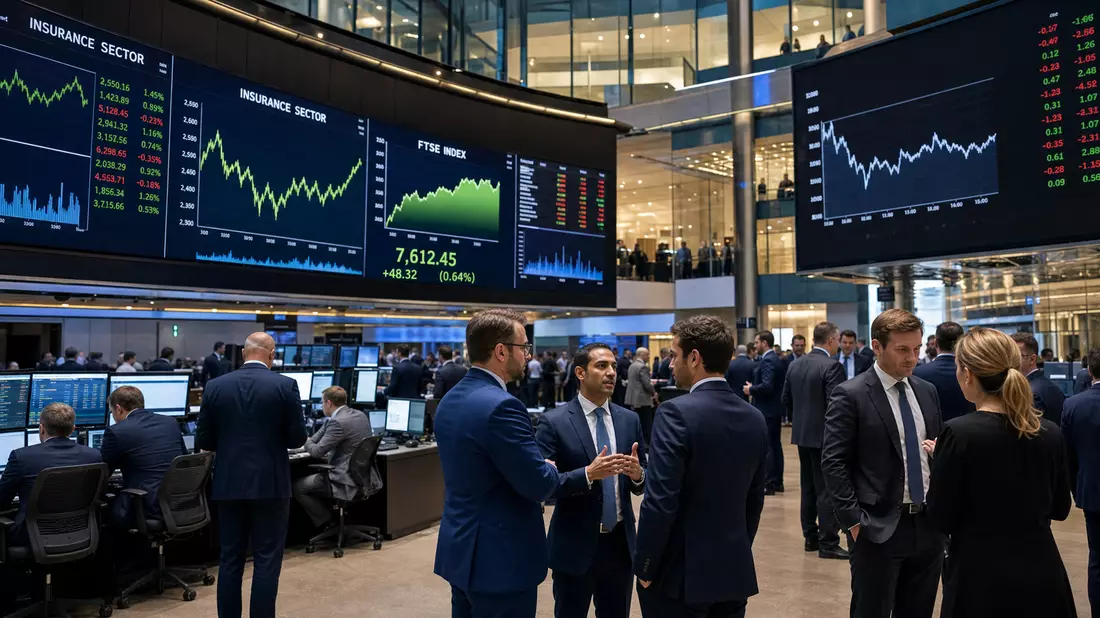 Trading-Floor der Börse mit großen Bildschirmen und Charts des Versicherungssektors