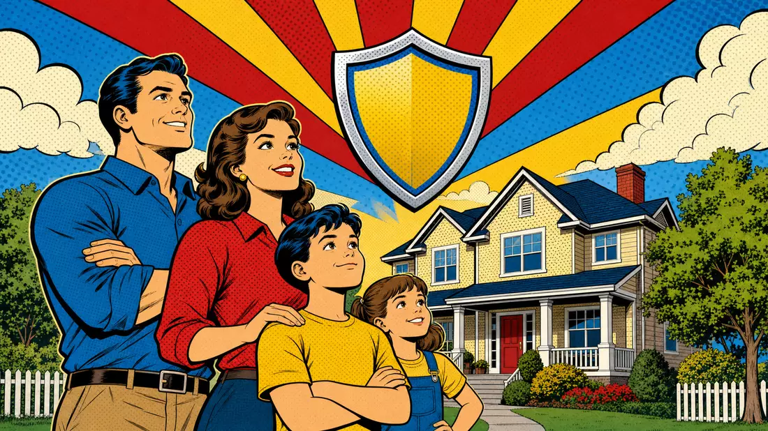 Pop-Art-Comic zeigt lächelnde Familie vor Haus unter leuchtendem Schutzschild-Symbol