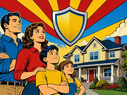 Aviva plc (ISIN GB0002162385) illustriert Pop-Art-Comic-Szene mit geschützter Familie vor buntem Eigenheim - Foto: THN