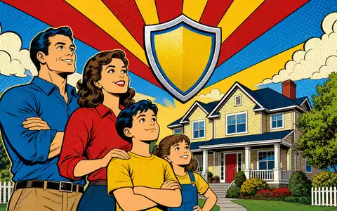 Aviva plc (ISIN GB0002162385) illustriert Pop-Art-Comic-Szene mit geschützter Familie vor buntem Eigenheim - Foto: THN