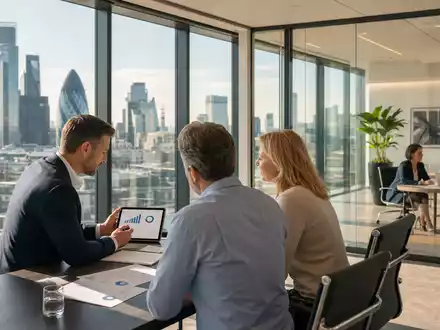 Legal & General Group plc GB0005603997 zeigt modernes Versicherungsbüro mit Beratern und Kunden vor Skyline-Fenster - Foto: THN