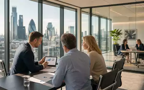 Legal & General Group plc GB0005603997 zeigt modernes Versicherungsbüro mit Beratern und Kunden vor Skyline-Fenster - Foto: THN
