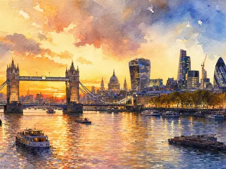 Legal & General Group plc GB0005603997 Aquarell-Gemälde zeigt Londoner Skyline mit Themse im Abendlicht - Foto: THN