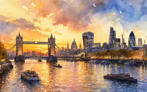 Legal & General Group plc GB0005603997 Aquarell-Gemälde zeigt Londoner Skyline mit Themse im Abendlicht - Foto: THN