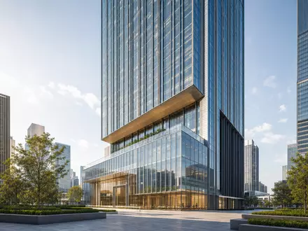 Legal & General Group plc GB0005603997 Architektur-Render zeigt modernen Glas-Bürokomplex im Finanzviertel mit begrünter Vorplatz-Anlage - Foto: THN