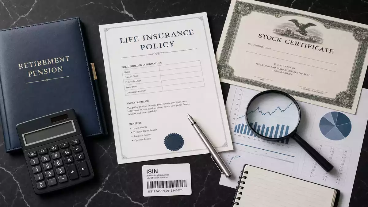 Flatlay Versicherungspolice ISIN-Karte Legal & General Group plc GB0005603997