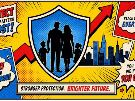 Legal & General Group plc GB0005603997 Pop-Art-Comic zeigt Schild mit Familien-Silhouette und Wachstumspfeil farbenfroh - Foto: THN