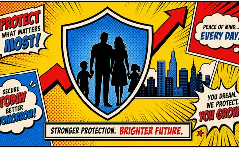 Legal & General Group plc GB0005603997 Pop-Art-Comic zeigt Schild mit Familien-Silhouette und Wachstumspfeil farbenfroh - Foto: THN