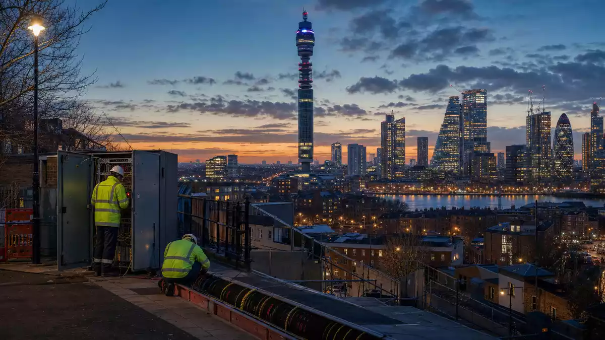 Techniker installieren Glasfaserkabel vor Londoner Skyline in der Abenddämmerung