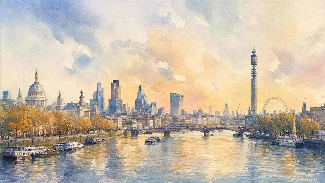 Aquarellmalerei der Londoner Skyline mit Themse, Brücke und hohem Turm