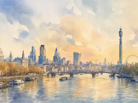BT Group plc (ISIN GB0030913577) wird als Aquarell der Londoner Skyline mit Turm dargestellt - Foto: THN