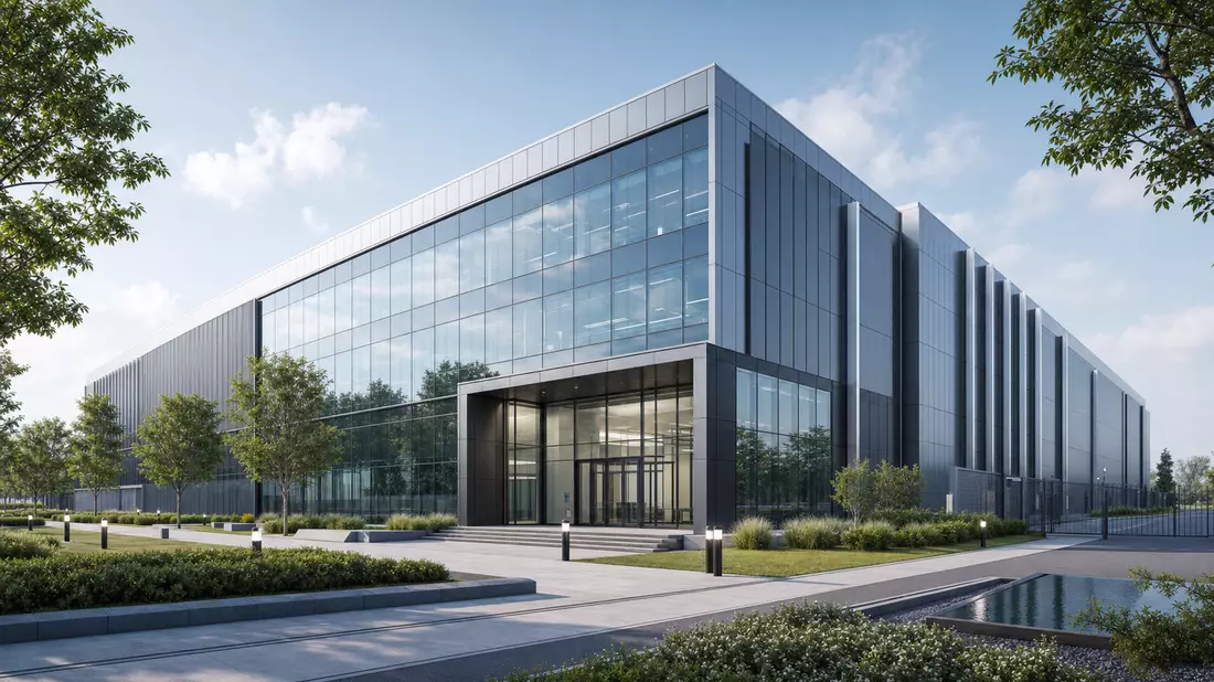 Architektur-Render eines modernen Glasgebäudes mit Rechenzentrum und Grünflächen