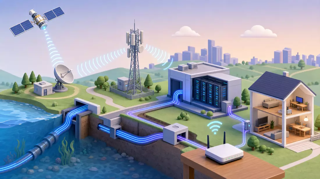 Isometrische 3D-Grafik der Netzwerkkette von Satellit, Mast, Rechenzentrum bis Haus