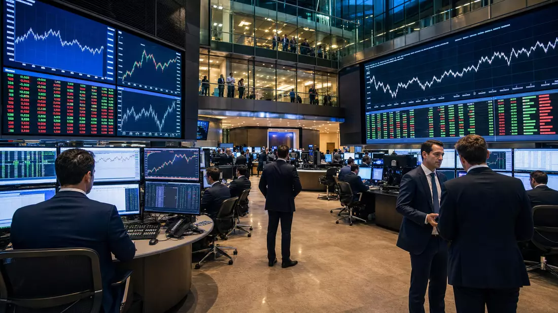 Börsen-Handelsraum mit großen Bildschirmen voller Telekom-Aktiencharts und Kursdaten